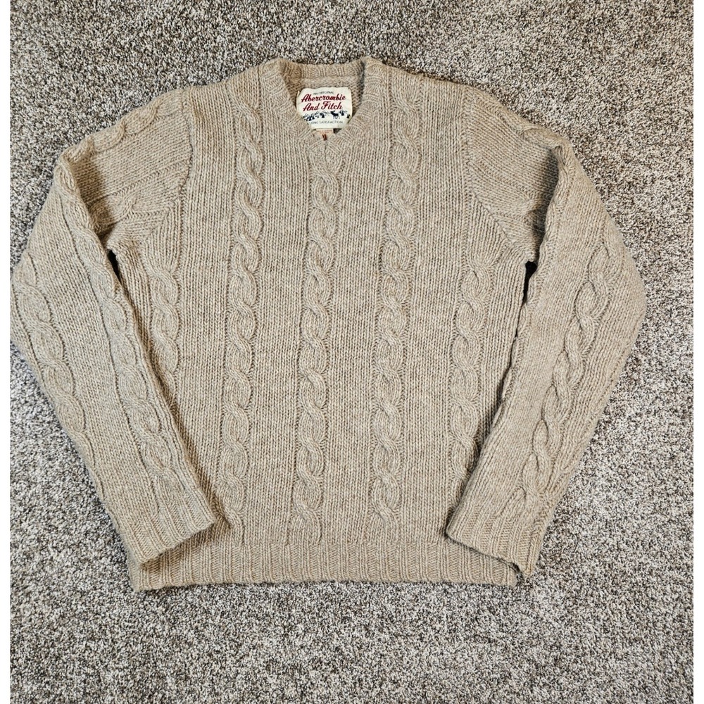 Vintage Abercrombie & Fitch Cable Knit Sweater Mens XL Beige Wool Fisherman Cozy